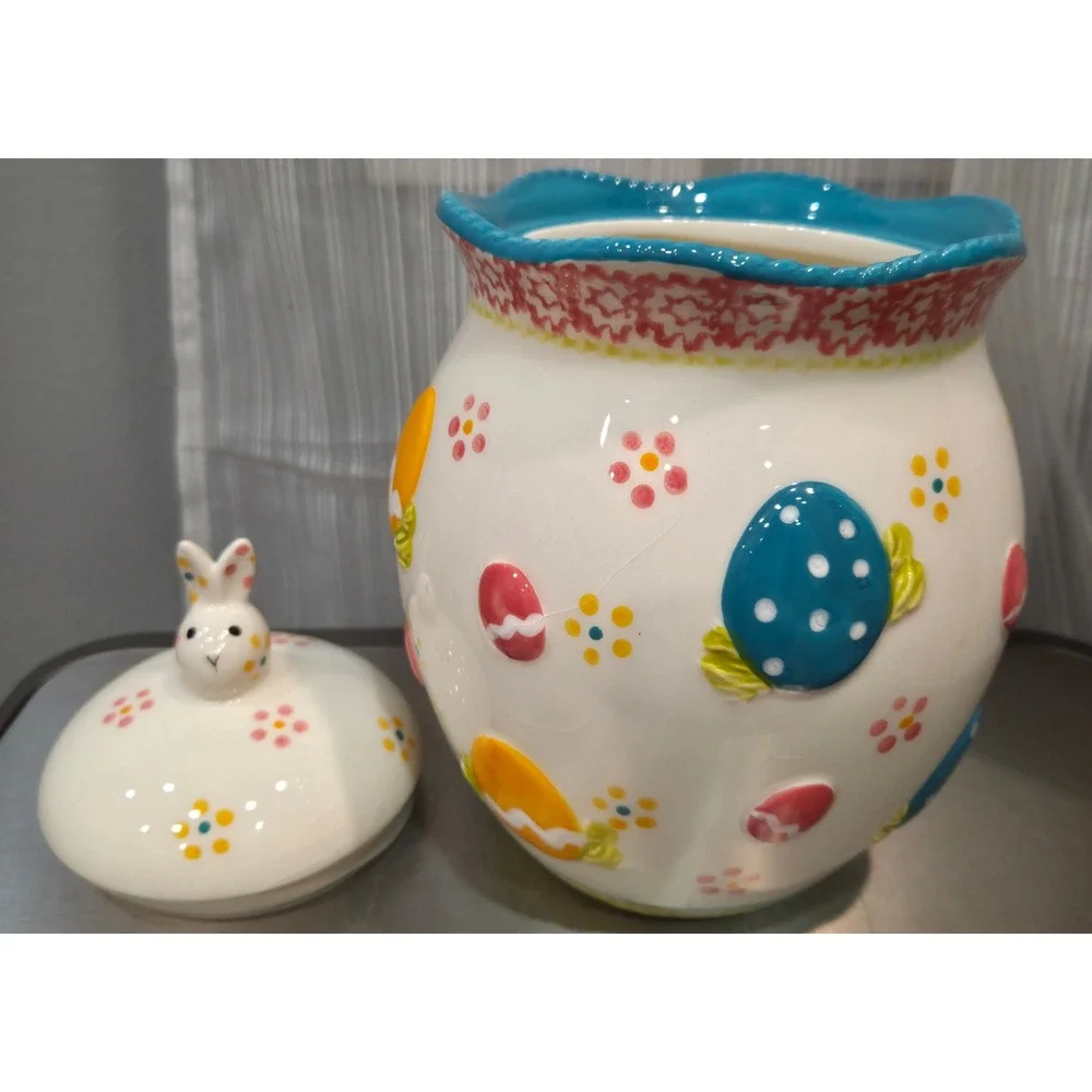 Temptations Old World Easter Bunny Cookie Jar Ceramic Canister Hand Painted